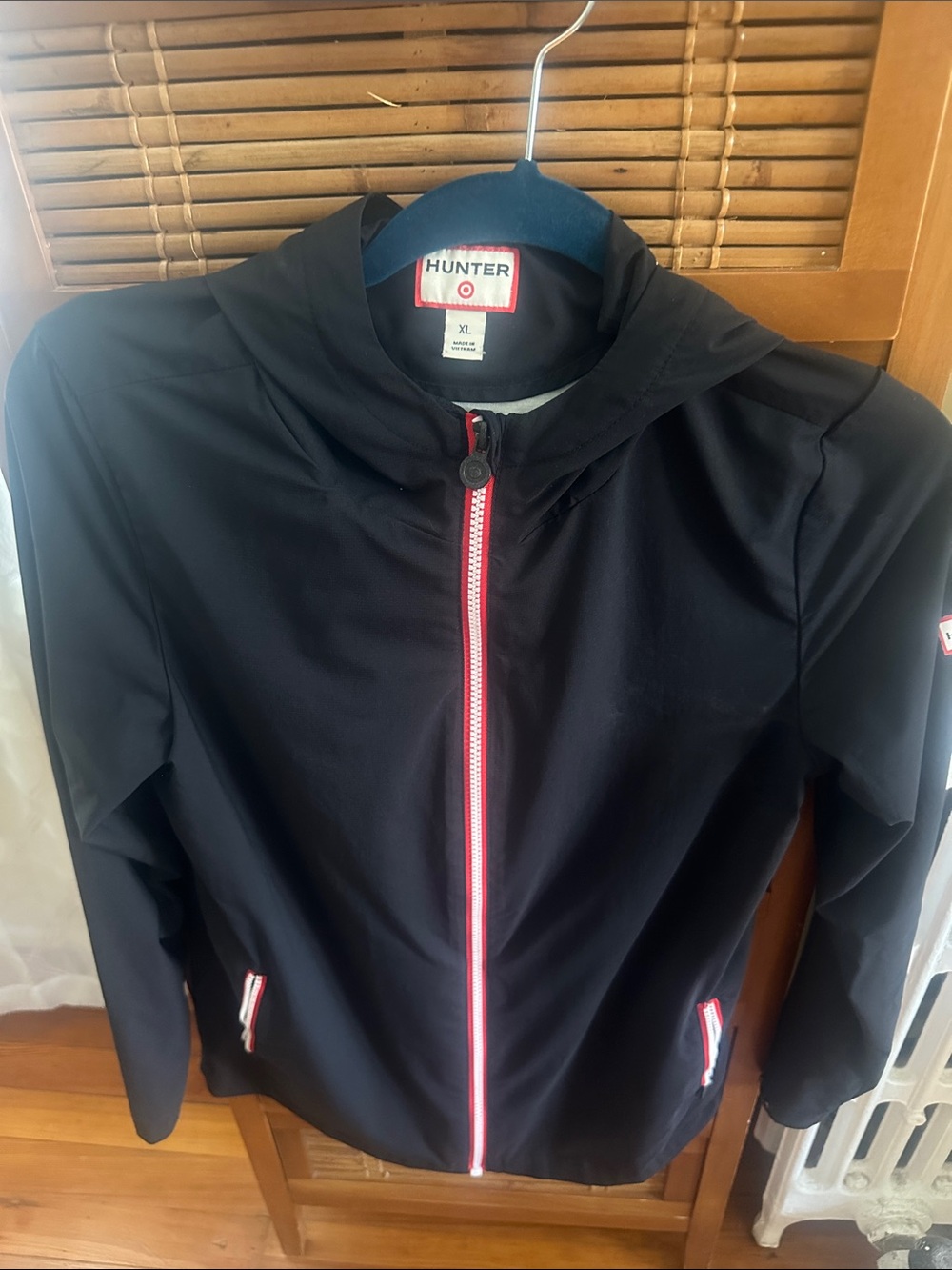 Hunter Black Hooded Lightweight Jacket with Red-Trim Zipper
